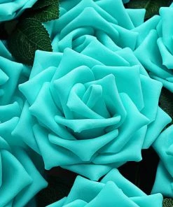 HIER_5120 24 Roses | 5" Turquoise Artificial Foam Rose With Stems And Leaves - 16 Colors 23 HIER_5120 24 Roses | 5