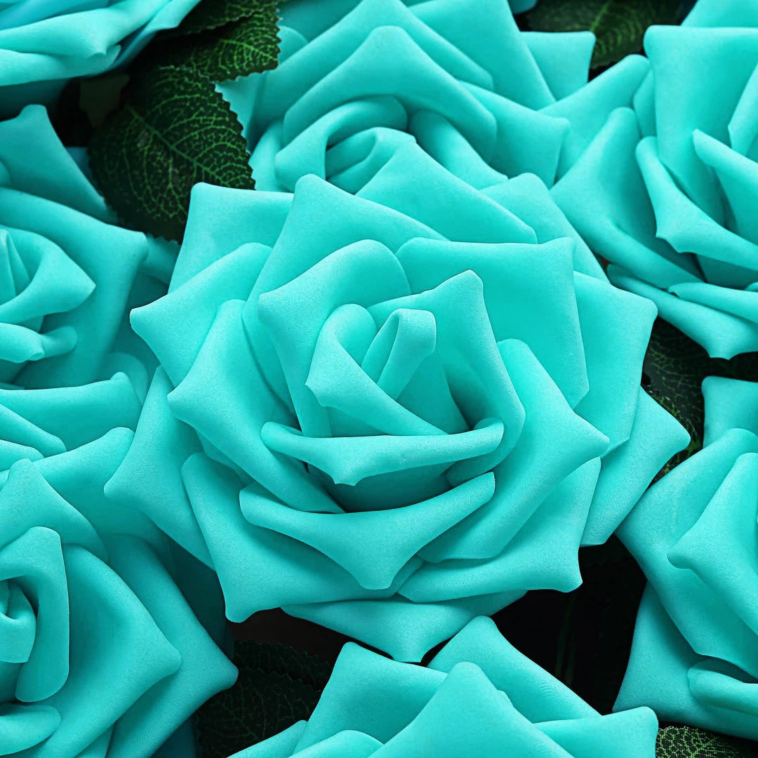 HIER_5120 24 Roses | 5" Turquoise Artificial Foam Rose With Stems And Leaves - 16 Colors 12 HIER_5120 24 Roses | 5" Turquoise Artificial Foam Rose With Stems And Leaves - 16 Colors