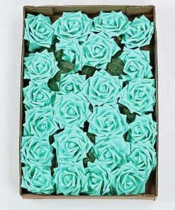HIER_5120 24 Roses | 5" Turquoise Artificial Foam Rose With Stems And Leaves - 16 Colors 21 HIER_5120 24 Roses | 5