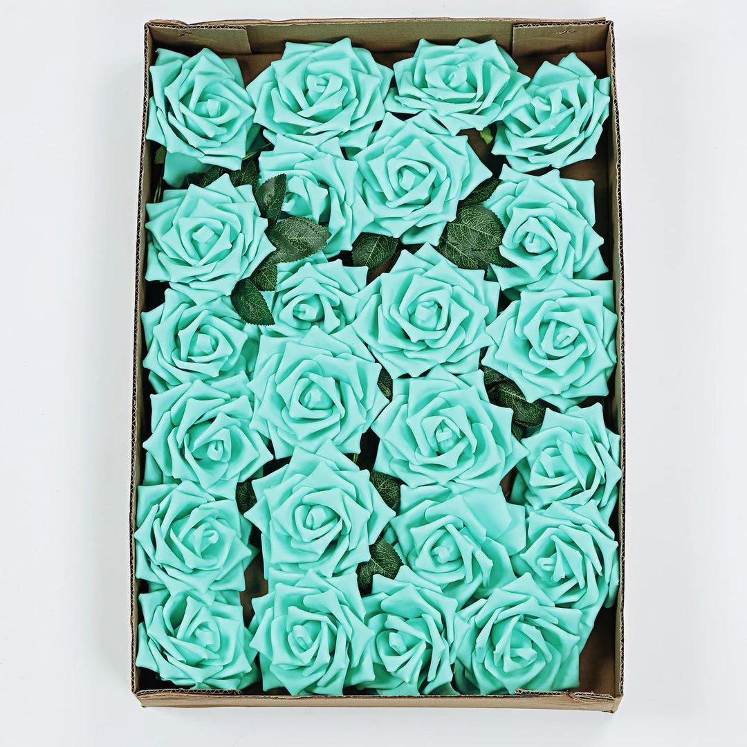 HIER_5120 24 Roses | 5" Turquoise Artificial Foam Rose With Stems And Leaves - 16 Colors 10 HIER_5120 24 Roses | 5" Turquoise Artificial Foam Rose With Stems And Leaves - 16 Colors