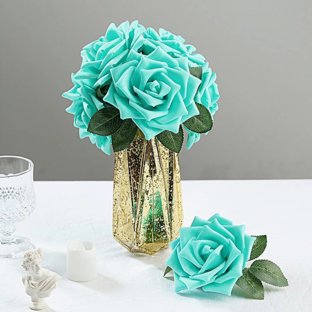 HIER_5120 24 Roses | 5" Turquoise Artificial Foam Rose With Stems And Leaves - 16 Colors 3 HIER_5120 24 Roses | 5" Turquoise Artificial Foam Rose With Stems And Leaves - 16 Colors