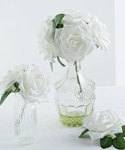 HIER_5120 24 Roses | 5" White Artificial Foam Rose With Stems And Leaves - 16 Colors