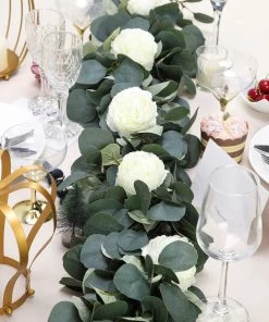 Silkflowersfactory 42" Frosted Green Artificial Eucalyptus Leaves Garland With Ranunculus Flowers Garlands