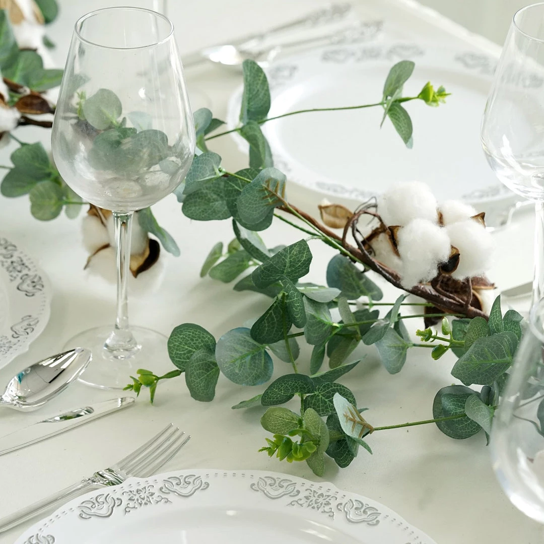 Silkflowersfactory 5 Feet | Green Artificial Eucalyptus Leaves Garland With White Natural Cotton Balls Garlands 7 Silkflowersfactory 5 Feet | Green Artificial Eucalyptus Leaves Garland With White Natural Cotton Balls Garlands