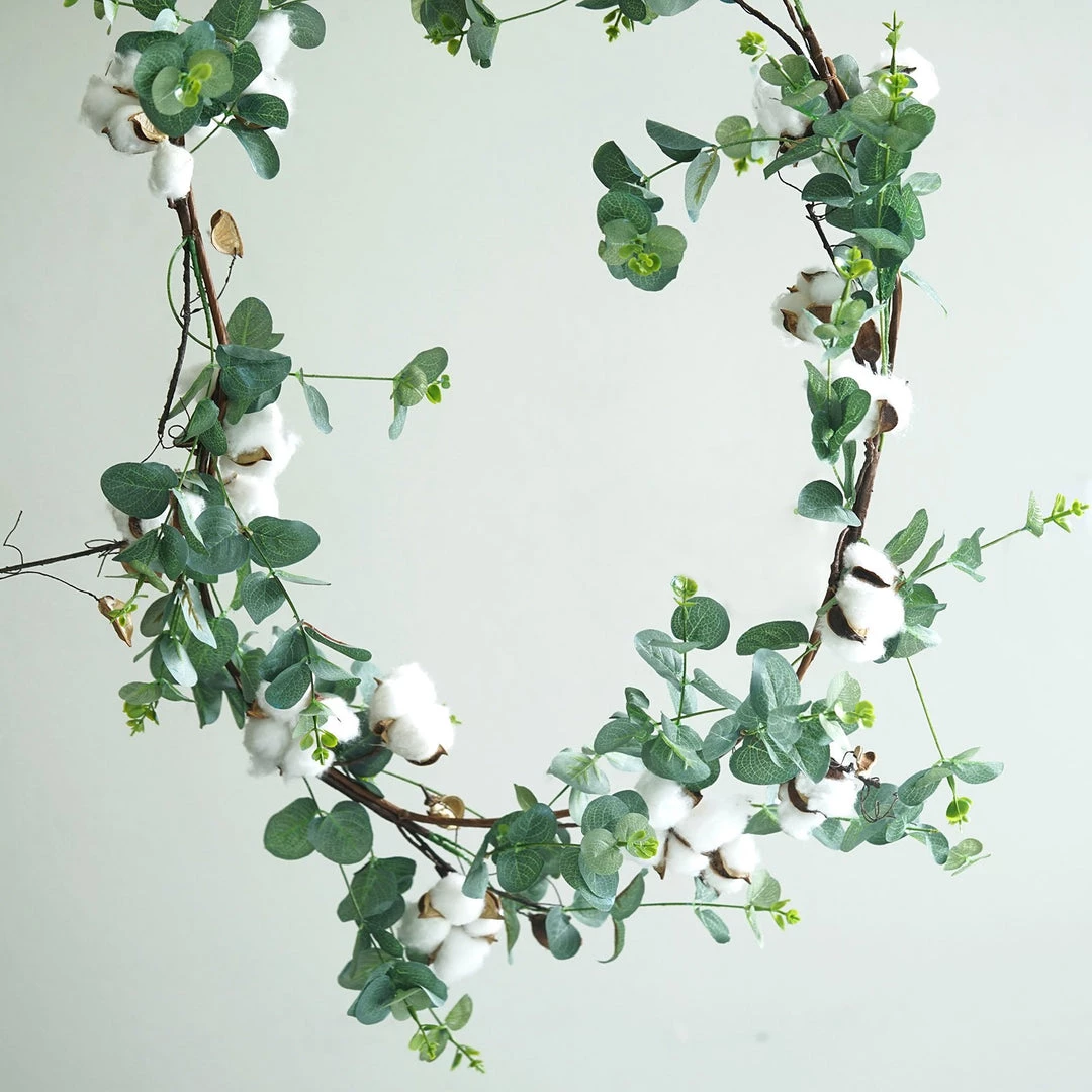 Silkflowersfactory 5 Feet | Green Artificial Eucalyptus Leaves Garland With White Natural Cotton Balls Garlands 4 Silkflowersfactory 5 Feet | Green Artificial Eucalyptus Leaves Garland With White Natural Cotton Balls Garlands