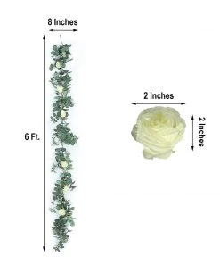 Silkflowersfactory 6 Feet | Faux Eucalyptus Garland With 8 Ivory Roses 18 Silkflowersfactory 6 Feet | Faux Eucalyptus Garland With 8 Ivory Roses