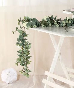 Silkflowersfactory 6 Feet | Faux Eucalyptus Garland With 8 Ivory Roses 16 Silkflowersfactory 6 Feet | Faux Eucalyptus Garland With 8 Ivory Roses