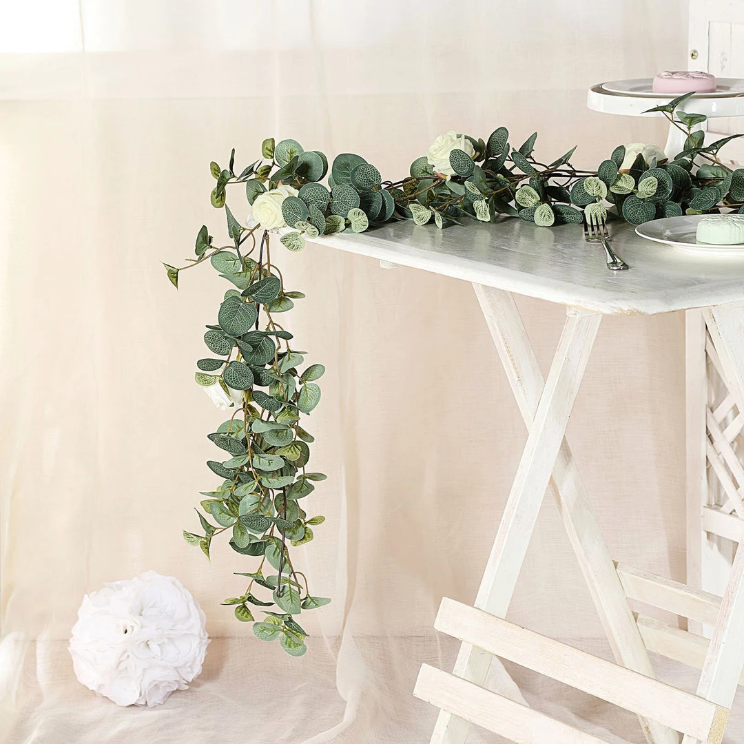 Silkflowersfactory 6 Feet | Faux Eucalyptus Garland With 8 Ivory Roses 5 Silkflowersfactory 6 Feet | Faux Eucalyptus Garland With 8 Ivory Roses