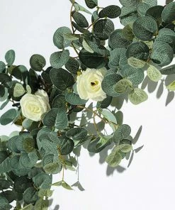 Silkflowersfactory 6 Feet | Faux Eucalyptus Garland With 8 Ivory Roses