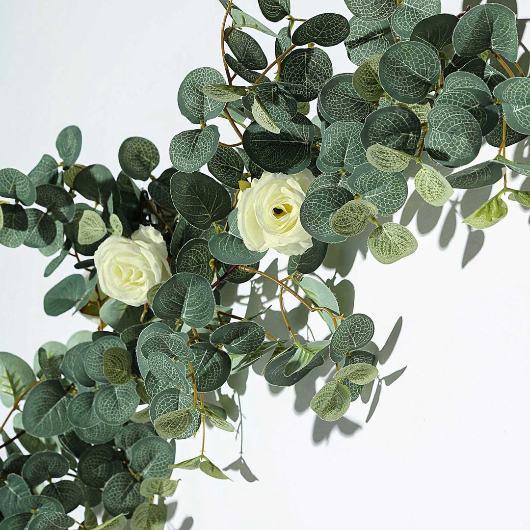 Silkflowersfactory 6 Feet | Faux Eucalyptus Garland With 8 Ivory Roses 2 Silkflowersfactory 6 Feet | Faux Eucalyptus Garland With 8 Ivory Roses
