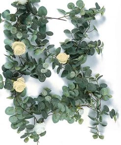 Silkflowersfactory 6 Feet | Faux Eucalyptus Garland With 8 Ivory Roses 24 Silkflowersfactory 6 Feet | Faux Eucalyptus Garland With 8 Ivory Roses