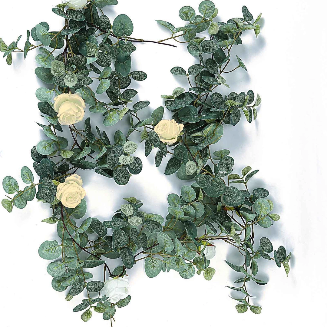 Silkflowersfactory 6 Feet | Faux Eucalyptus Garland With 8 Ivory Roses 13 Silkflowersfactory 6 Feet | Faux Eucalyptus Garland With 8 Ivory Roses
