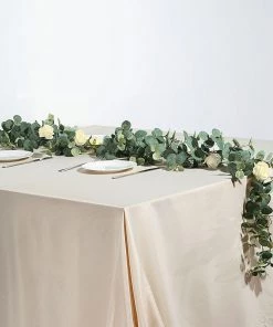 Silkflowersfactory 6 Feet | Faux Eucalyptus Garland With 8 Ivory Roses