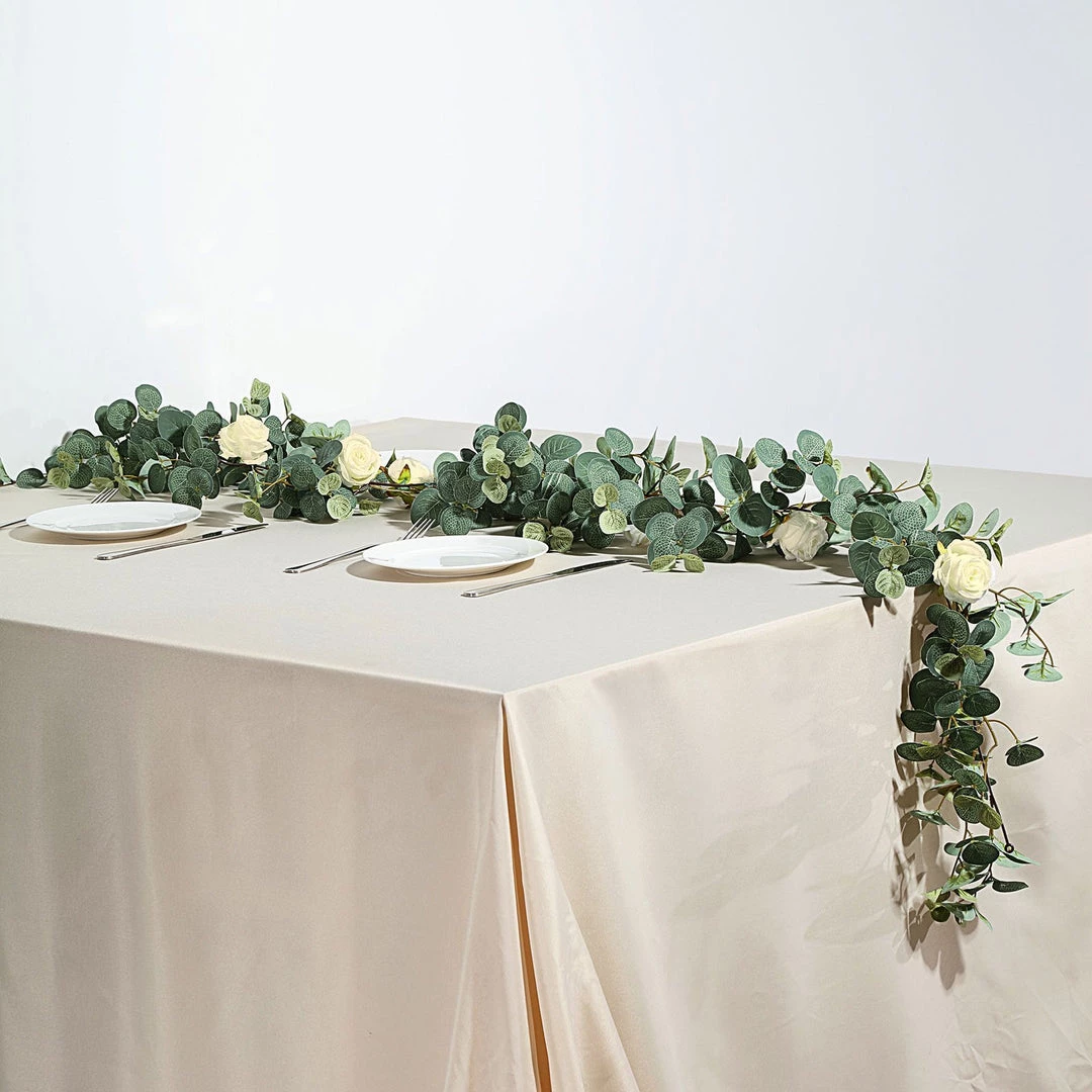 Silkflowersfactory 6 Feet | Faux Eucalyptus Garland With 8 Ivory Roses 3 Silkflowersfactory 6 Feet | Faux Eucalyptus Garland With 8 Ivory Roses