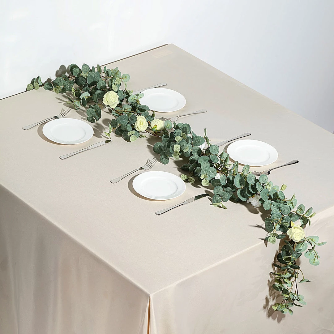 Silkflowersfactory 6 Feet | Faux Eucalyptus Garland With 8 Ivory Roses 4 Silkflowersfactory 6 Feet | Faux Eucalyptus Garland With 8 Ivory Roses