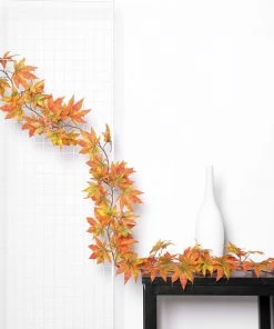 HIER_1220 6FT Artificial Silk Maple Fall Leaf Garland, Hanging Vine, Fall Decor - Orange