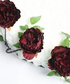 HIER_1210 6FT | Burgundy | 14 Flowers Silk Peony Garland | Bendable Wire Vines | Artificial Flower Garlands
