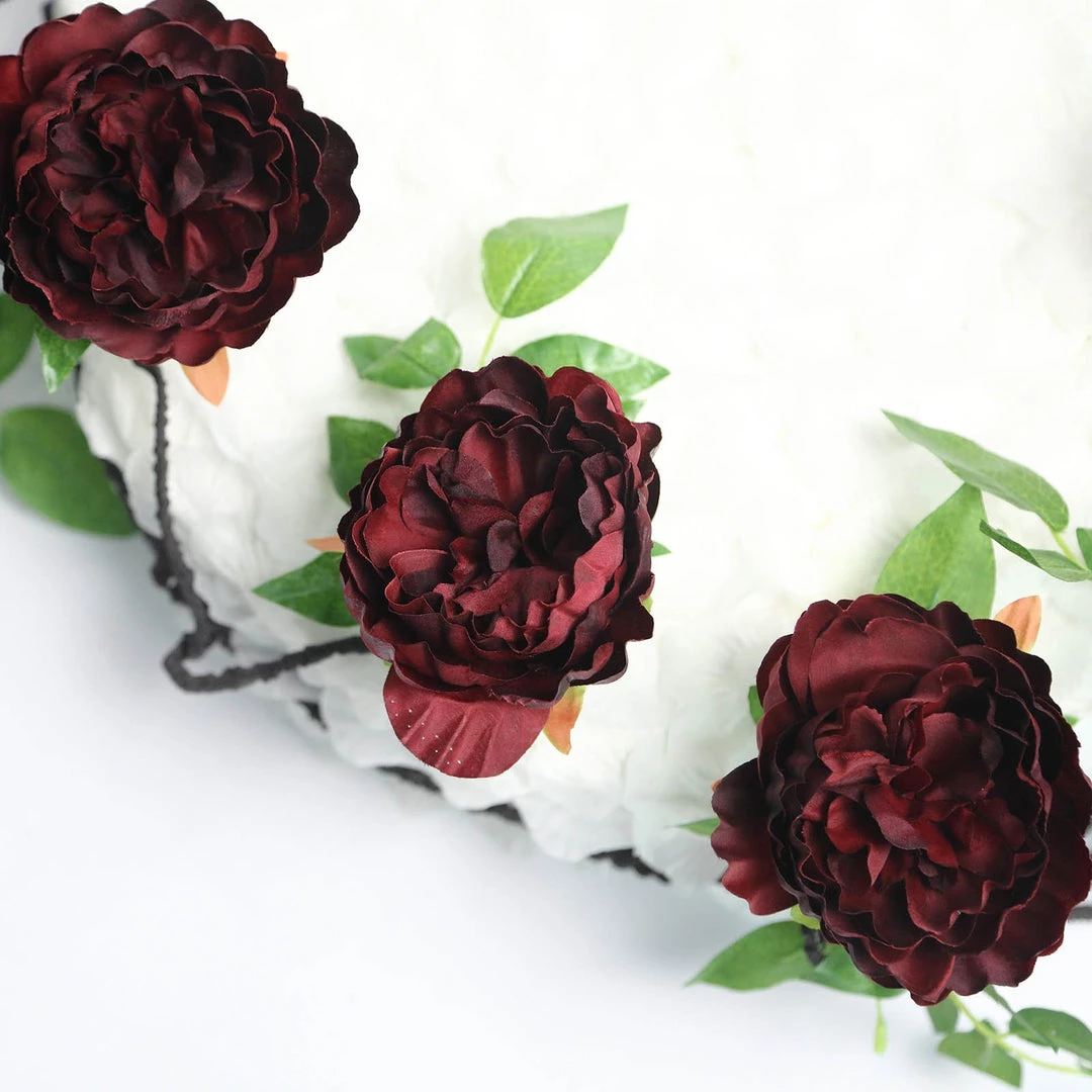 HIER_1210 6FT | Burgundy | 14 Flowers Silk Peony Garland | Bendable Wire Vines | Artificial Flower Garlands 3 HIER_1210 6FT | Burgundy | 14 Flowers Silk Peony Garland | Bendable Wire Vines | Artificial Flower Garlands