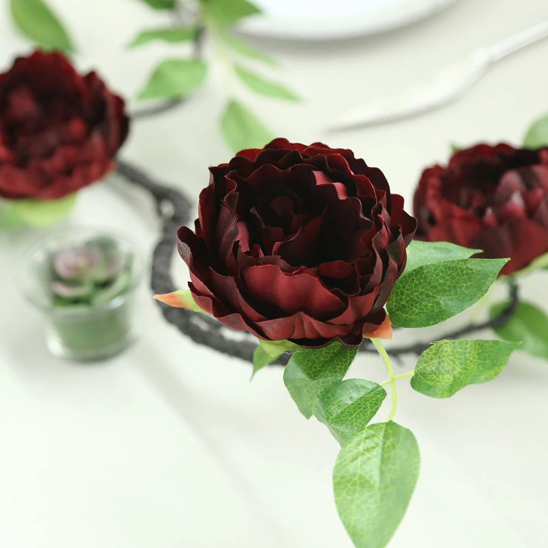 HIER_1210 6FT | Burgundy | 14 Flowers Silk Peony Garland | Bendable Wire Vines | Artificial Flower Garlands 10 HIER_1210 6FT | Burgundy | 14 Flowers Silk Peony Garland | Bendable Wire Vines | Artificial Flower Garlands
