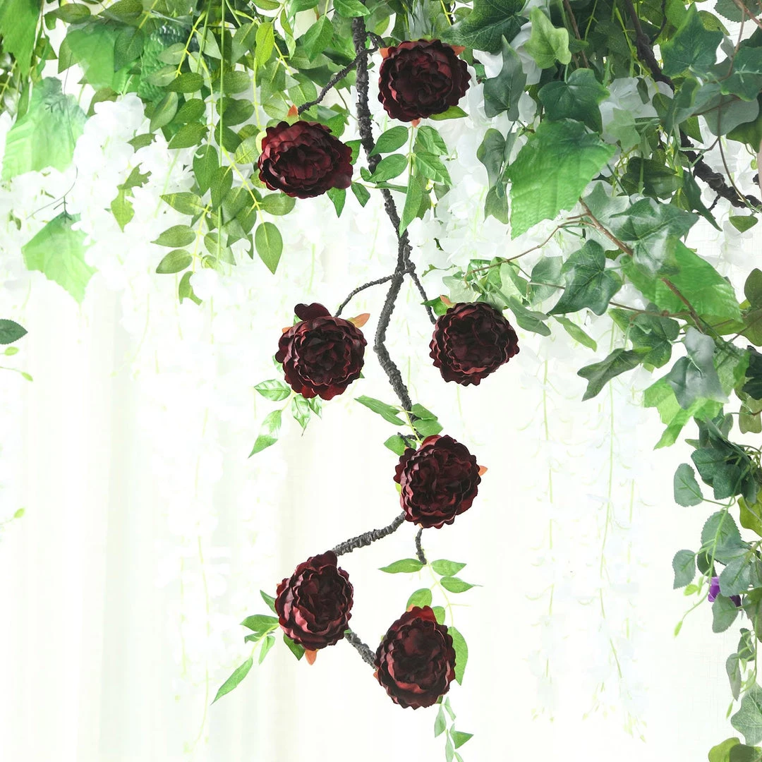 HIER_1210 6FT | Burgundy | 14 Flowers Silk Peony Garland | Bendable Wire Vines | Artificial Flower Garlands 4 HIER_1210 6FT | Burgundy | 14 Flowers Silk Peony Garland | Bendable Wire Vines | Artificial Flower Garlands
