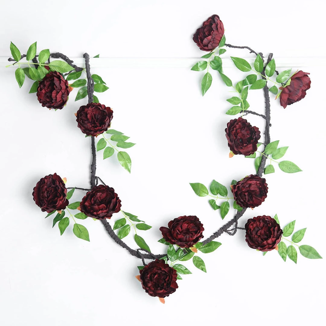 HIER_1210 6FT | Burgundy | 14 Flowers Silk Peony Garland | Bendable Wire Vines | Artificial Flower Garlands 5 HIER_1210 6FT | Burgundy | 14 Flowers Silk Peony Garland | Bendable Wire Vines | Artificial Flower Garlands