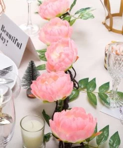 HIER_1210 6FT | Pink | 14 Flowers Silk Peony Garland | Bendable Wire Vines | Artificial Flower Garlands
