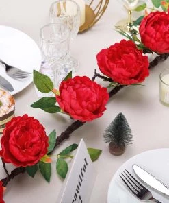 HIER_1210 6FT | Red | 14 Flowers Silk Peony Garland | Bendable Wire Vines | Artificial Flower Garlands