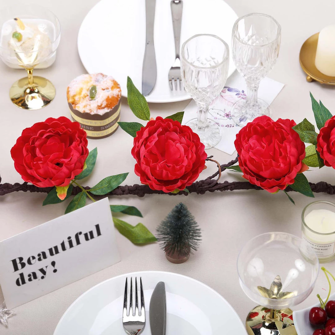 HIER_1210 6FT | Red | 14 Flowers Silk Peony Garland | Bendable Wire Vines | Artificial Flower Garlands 11 HIER_1210 6FT | Red | 14 Flowers Silk Peony Garland | Bendable Wire Vines | Artificial Flower Garlands