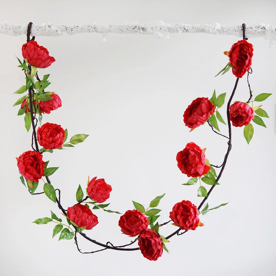 HIER_1210 6FT | Red | 14 Flowers Silk Peony Garland | Bendable Wire Vines | Artificial Flower Garlands 16 HIER_1210 6FT | Red | 14 Flowers Silk Peony Garland | Bendable Wire Vines | Artificial Flower Garlands