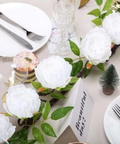HIER_1210 Artificial Flowers 6FT | White | 14 Flowers Silk Peony Garland | Bendable Wire Vines | Artificial Flower Garlands