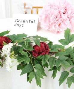 HIER_1210 Artificial Flowers 6FT | Burgundy | 7 Flowers | Silk Peony Garland | Bendable Wire Vines | Artificial Flower Garlands With Seeds And Leaves