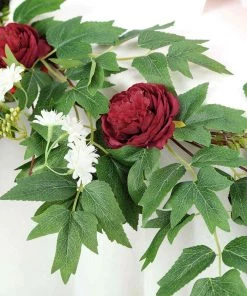 HIER_1210 Artificial Flowers 6FT | Burgundy | 7 Flowers | Silk Peony Garland | Bendable Wire Vines | Artificial Flower Garlands With Seeds And Leaves