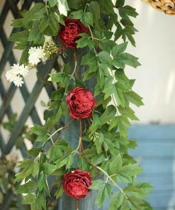 HIER_1210 Artificial Flowers 6FT | Burgundy | 7 Flowers | Silk Peony Garland | Bendable Wire Vines | Artificial Flower Garlands With Seeds And Leaves