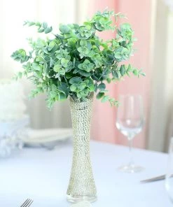 HIER_1600 3 Bushes - 14" Frosted Green Flexible Artificial Eucalyptus Stems - UV Protected Artificial Outdoor Plant Artificial Plants