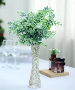 HIER_1600 3 Bushes - 14" Frosted Green Flexible Artificial Eucalyptus Stems - UV Protected Artificial Outdoor Plant Artificial Plants
