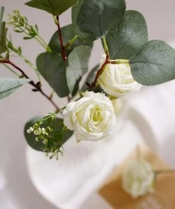 HIER_1220 15" Artificial Seeded Eucalyptus Leaves Stems, Ivory Silk Roses Wedding Greenery Bouquet Floral Arrangement