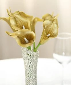 HIER_1400 10 Pack - 14" Metallic Gold Artificial Calla Lily Flower Stems, Calla Lily Wedding Bouquet Stems 20 HIER_1400 10 Pack - 14