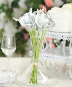 HIER_1400 10 Pack - 14" Metallic Sliver Artificial Calla Lily Flower Stems, Calla Lily Wedding Bouquet Stems