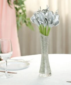 HIER_1400 10 Pack - 14" Metallic Sliver Artificial Calla Lily Flower Stems, Calla Lily Wedding Bouquet Stems