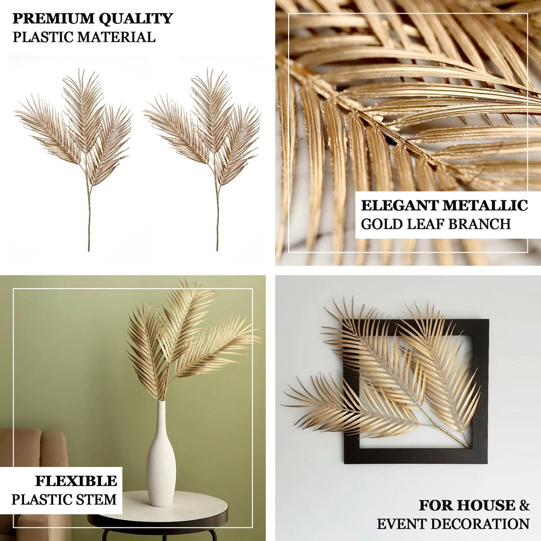 HIER_5120 Pack Of 2 | 32" Metallic Gold Artificial Palm Leaf Spray, Vase Filler Wedding Floral Decoration Artificial Plants 6 HIER_5120 Pack Of 2 | 32" Metallic Gold Artificial Palm Leaf Spray, Vase Filler Wedding Floral Decoration Artificial Plants