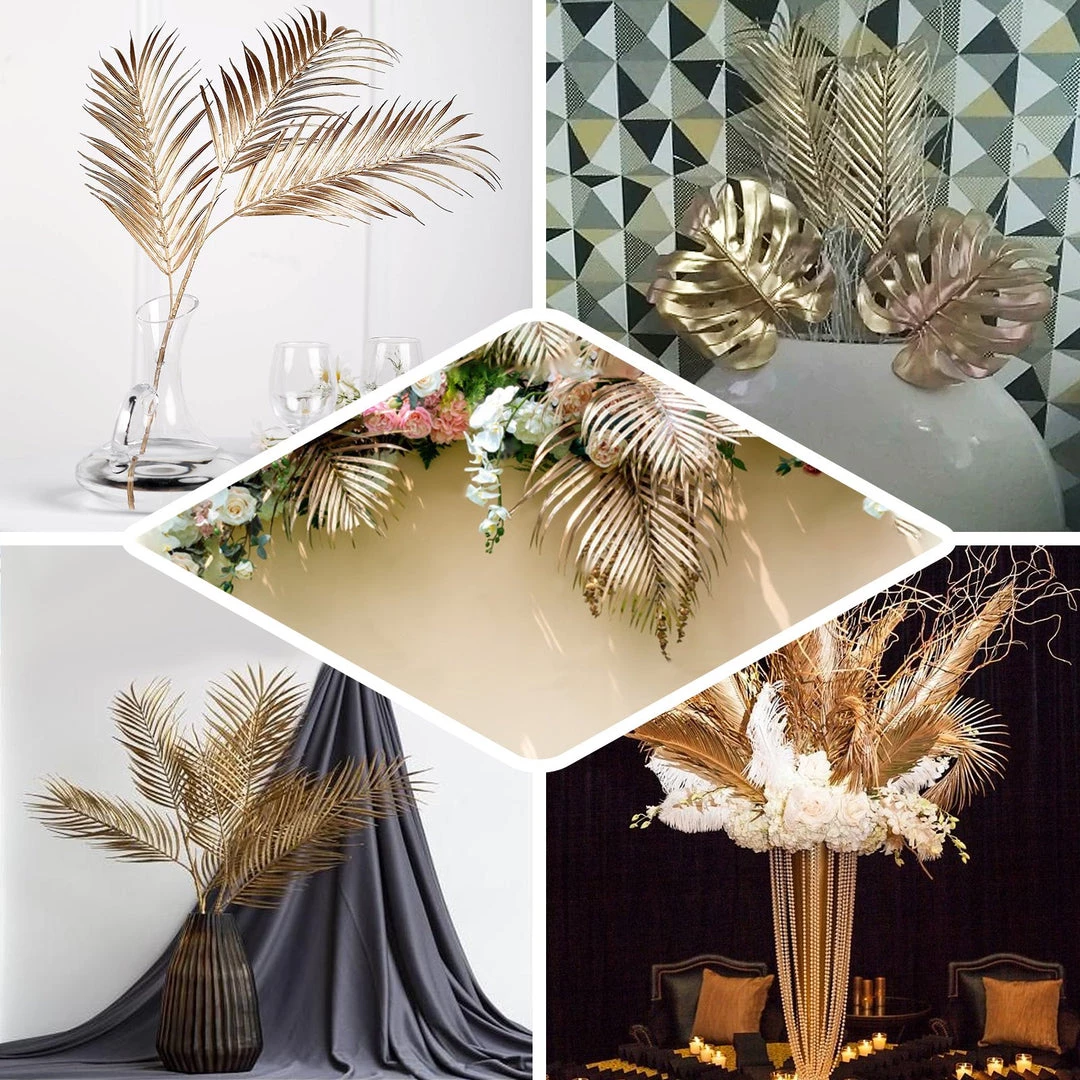 HIER_5120 Pack Of 2 | 32" Metallic Gold Artificial Palm Leaf Spray, Vase Filler Wedding Floral Decoration Artificial Plants 7 HIER_5120 Pack Of 2 | 32" Metallic Gold Artificial Palm Leaf Spray, Vase Filler Wedding Floral Decoration Artificial Plants