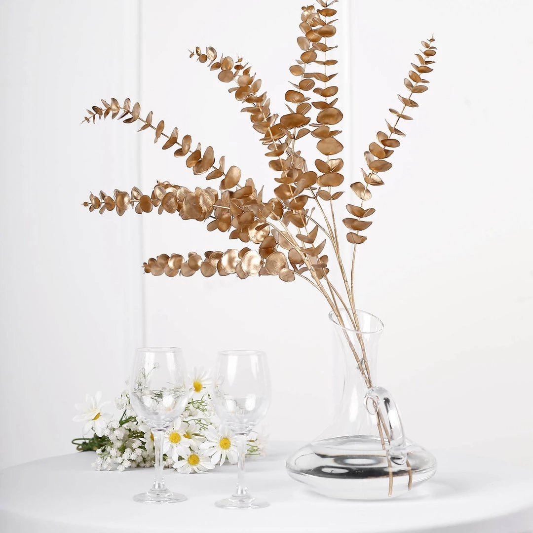 HIER_5120 Artificial Plants Pack Of 2 | 34" Metallic Gold Artificial Eucalyptus Leaf Spray, Vase Filler Wedding Floral Decoration 12 HIER_5120 Artificial Plants Pack Of 2 | 34" Metallic Gold Artificial Eucalyptus Leaf Spray, Vase Filler Wedding Floral Decoration