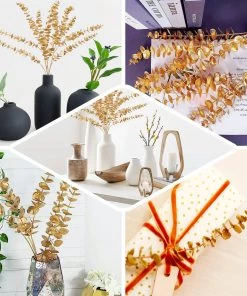 HIER_5120 Artificial Plants Pack Of 2 | 34" Metallic Gold Artificial Eucalyptus Leaf Spray, Vase Filler Wedding Floral Decoration 22 HIER_5120 Artificial Plants Pack Of 2 | 34