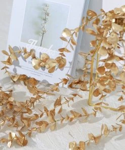 HIER_5120 Artificial Plants 56" Metallic Gold Artificial Eucalyptus Leaf Garland, Artificial Vines Wedding Floral Decoration 19 HIER_5120 Artificial Plants 56