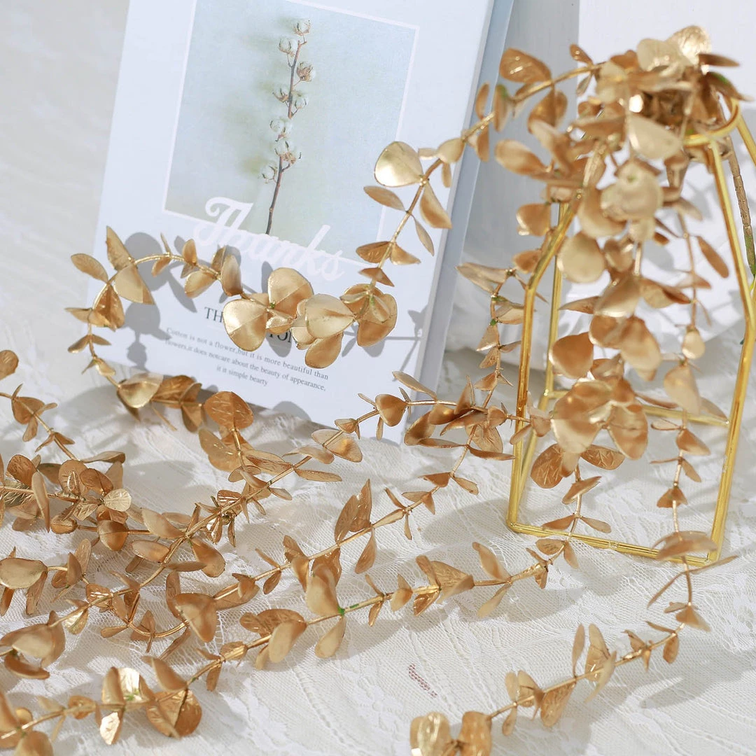 HIER_5120 Artificial Plants 56" Metallic Gold Artificial Eucalyptus Leaf Garland, Artificial Vines Wedding Floral Decoration 9 HIER_5120 Artificial Plants 56" Metallic Gold Artificial Eucalyptus Leaf Garland, Artificial Vines Wedding Floral Decoration