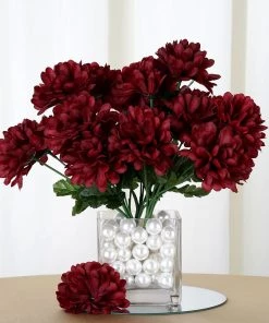 Silkflowersfactory Small Chrysanthemum Bush Artificial Silk Flowers - Burgundy