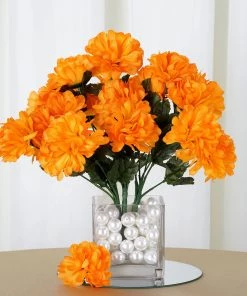 Silkflowersfactory Chrysanthemums Small Chrysanthemum Bush Artificial Silk Flowers - Orange