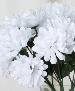Silkflowersfactory Small Chrysanthemum Bush Artificial Silk Flowers - White Chrysanthemums