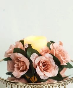 HIER_1600 4 Pack Dusty Rose Artificial Silk Rose Floral Candle Rings Rose Candle Rings