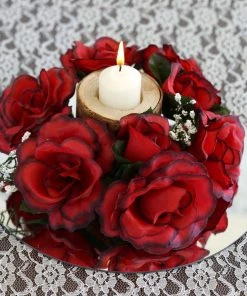 Silkflowersfactory Silk Rose Candle Ring Artificial Flowers - Black / Red - 4 Pcs Rose Candle Rings